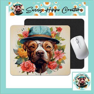 Mouse Pad Pit Bull Dog Puppy in Hat Anthropomorphic Flowers Anti Slip Back Easy